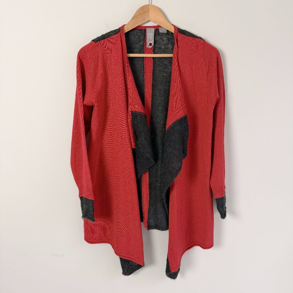 2/$30 Solo Moda Red Gray Open Face Cardigan Sweater S